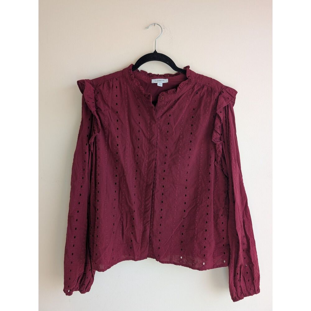 Evereve Lia textured ruffle eyelet romantic cabernet burgundy cotton blouse L